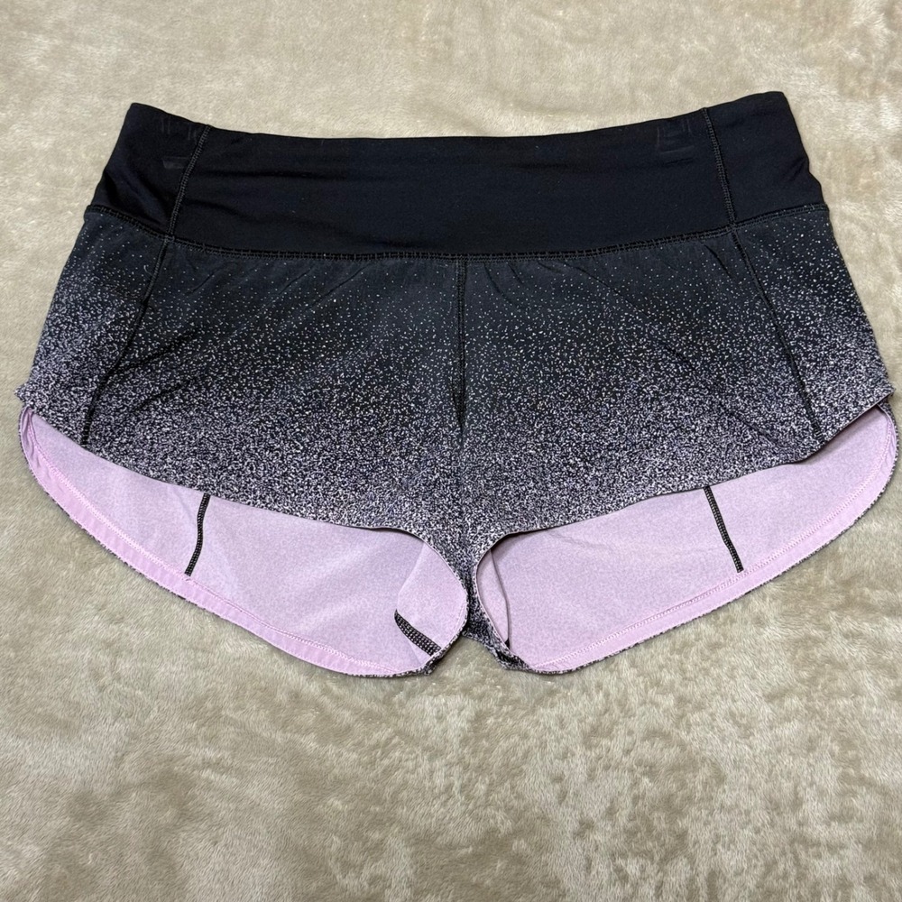 Lululemon Speed Up Shorts Black White Speckled Ombre Pink Lining Size 4 2.5"